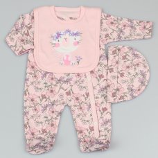 GF1266: Baby Girls Floral 3 Piece All In One, Bib & Hat Set (0-9 Months)